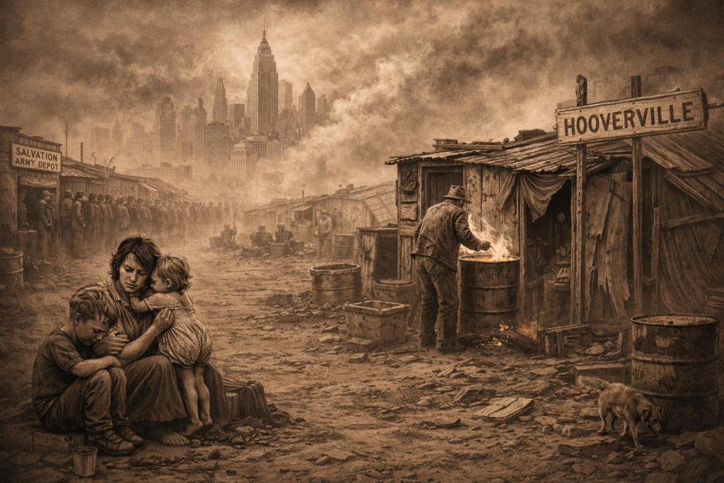 Sepia-toned scene of a Hooverville settlement during the Great Depression, showing families in poverty beside makeshift shelters with a city skyline in the background.