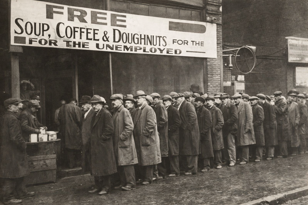 Black-and-white photograph of unemployed men lining up for free soup, coffee, and doughnuts during the Great Depression.