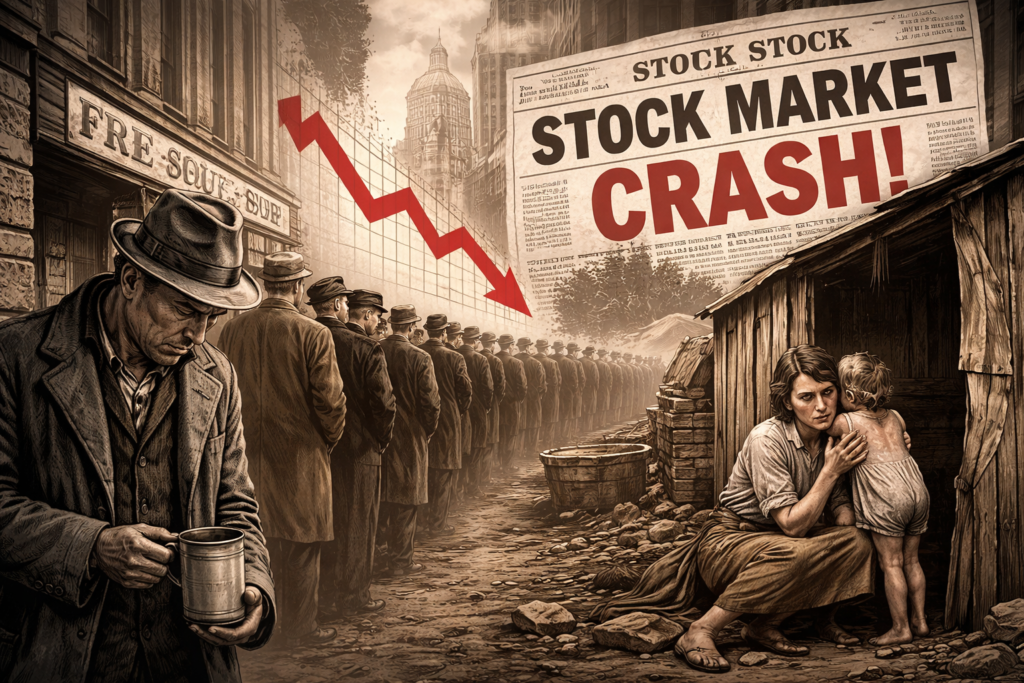 Great Depression scene showing unemployed men in a breadline after the 1929 stock market crash in New York City.